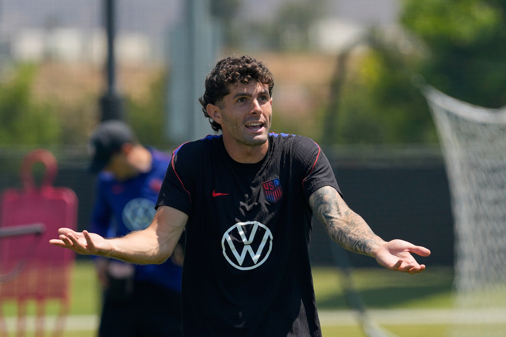 United States' Christian Pulisic attends a training session ahead of a FIFA World Cup match against Turkey in Irvine, Calif., Tuesday, June 23, 2026. (AP Photo/Andre Penner)