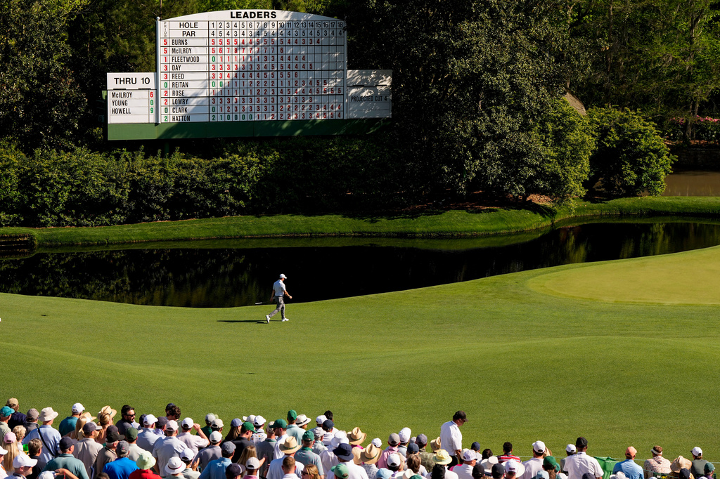 Rory McIlroy, of Northern Ireland, walks to green on the 11th hole during the second round of the Masters golf tournament at the Augusta National Golf Club, Friday, April 10, 2026, in Augusta, Ga. (AP Photo/David J. Phillip)