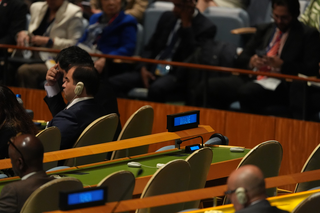 Empty seats for Ukraine's delegation are seen as Russian Foreign Minister Sergey Lavrov speaks during the 81st session of the United Nations General Assembly at United Nations headquarters, Saturday, Sept. 26, 2026. (AP Photo/Heather Khalifa)