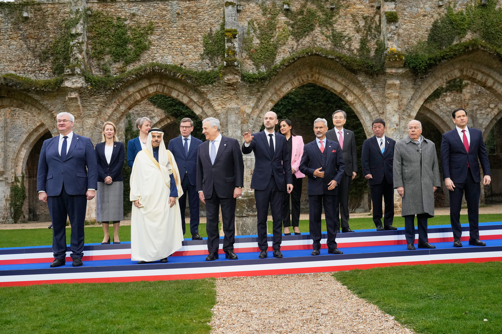 From left: Ukraine's Foreign Minister Andriy Sybiga, EU High Representative and Vice-President for Foreign Affairs and Security Policy Kaja Kallas, Britain's Foreign Secretary Yvette Cooper, Saudi Arabia's Foreign Minister Faisal bin Farhan, Germany's Foreign Minister Johann Wadephul, Italy's Foreign Minister Antonio Tajani, Canada's Foreign Minister Anita Anand, France's Foreign Affairs Minister Jean-Noel Barrot, South Korea's Foreign Minister Cho Hyun, India's Foreign Minister Subrahmanyam Jaishankar, Japan's Foreign Minister Toshimitsu Motegi, Brazil's Foreign Minister Mauro Vieira and U.S. Secretary of State Marco Rubio pose for a photo during the G7 Foreign Ministers' meeting with partner countries in Cernay-la-Ville outside Paris, France, Friday, March 27, 2026. (AP Photo/Michel Euler)