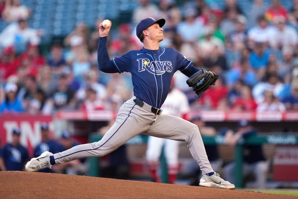 Tampa Bay Rays starting pitcher Griffin Jax throws to the plate during the first inning of a baseball game against the Los Angeles Angels, Saturday, June 13, 2026, in Anaheim, Calif. (AP Photo/Mark J. Terrill)