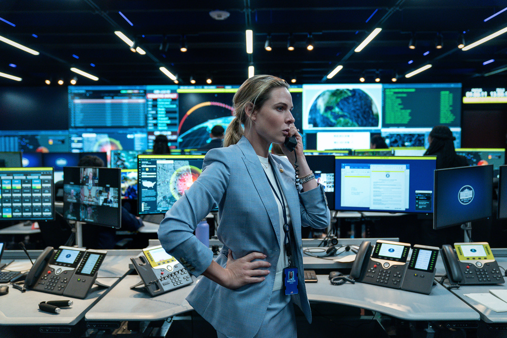 This image released by Netflix shows Rebecca Ferguson in a scene from "A House of Dynamite." (Eros Hoagland/Netflix via AP)
