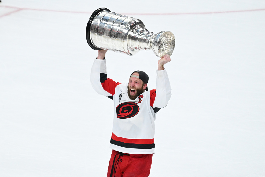 Carolina Hurricanes center Jordan Staal (11) celebrates after a win over the Vegas Golden Knights in Game 6 of the NHL hockey Stanley Cup Final series, Sunday, June 14, 2026, in Las Vegas. (AP Photo/Candice Ward)