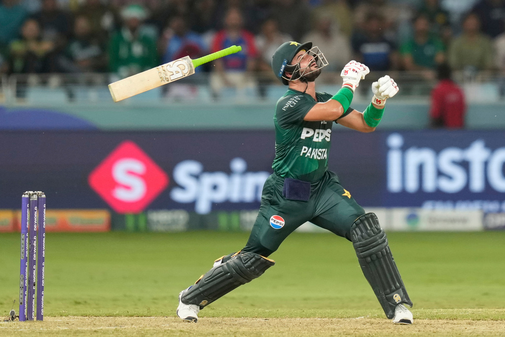 Pakistan's Sahibzada Farhan looses grip on his bat while playing a shot during the Asia Cup cricket match between India and Pakistan at Dubai International Cricket Stadium in Dubai, United Arab Emirates, Sept. 21, 2025. (AP Photo/Altaf Qadri, File)