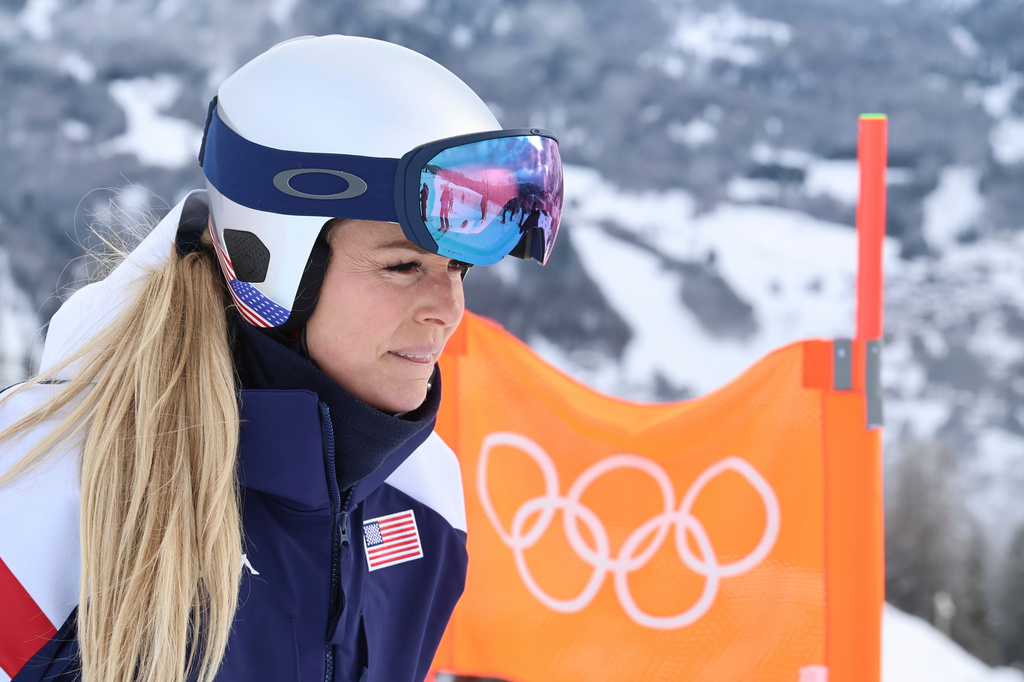 FILE - United States' Lindsey Vonn concentrates ahead of an alpine ski, women's downhill official training, at the 2026 Winter Olympics, in Cortina d'Ampezzo, Italy, Friday, Feb. 6, 2026. (AP Photo/Marco Trovati, file)