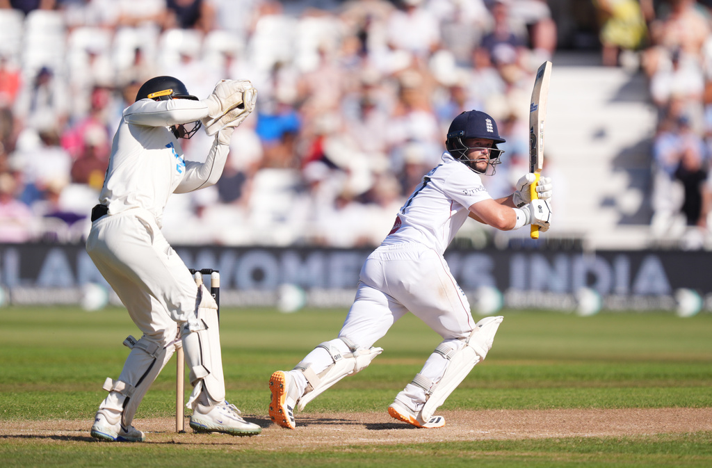 England's Ben Duckett, right, batts during day two of the Third Rothesay Test at Trent Bridge Cricket Ground, Nottingham, Friday, June 26, 2026. (Mike Egerton/PA via AP)