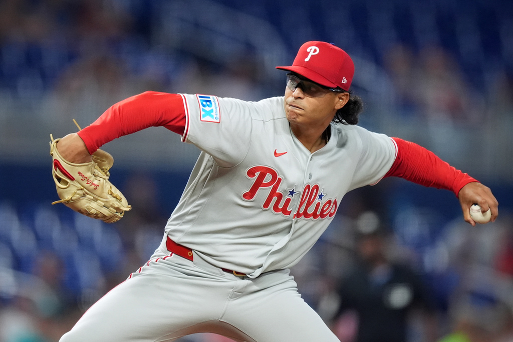 Philadelphia Phillies starting pitcher Jesus Luzardo delivers during the first inning of a baseball game against the Miami Marlins, Wednesday, July 29, 2026, in Miami. (AP Photo/Rebecca Blackwell).