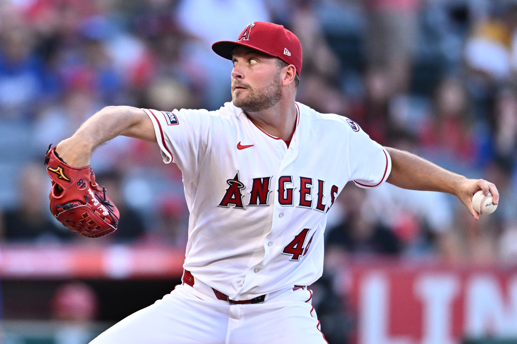 Los Angeles Angels pitcher Reid Detmers delivers during the first inning of a baseball game against the Kansas City Royals, Saturday, Aug. 15, 2026, in Anaheim, Calif. (AP Photo/William Liang)