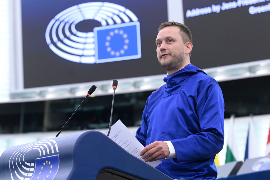 Prime Minister of Greenland Jens-Frederik Nielsen delivers a speech Wednesday, Oct. 8, 2025 at the European Parliament in Strasbourg, eastern France. (AP Photo/Pascal Bastien)