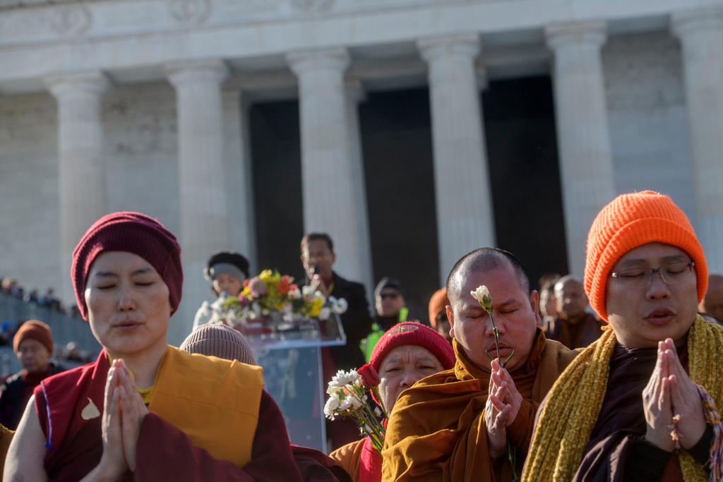 Buddhist monks reach the Lincoln Memorial, during their Walk for Peace, in Washington, Wednesday, Feb., 11, 2026. (AP Photo/Rod Lamkey, Jr.)