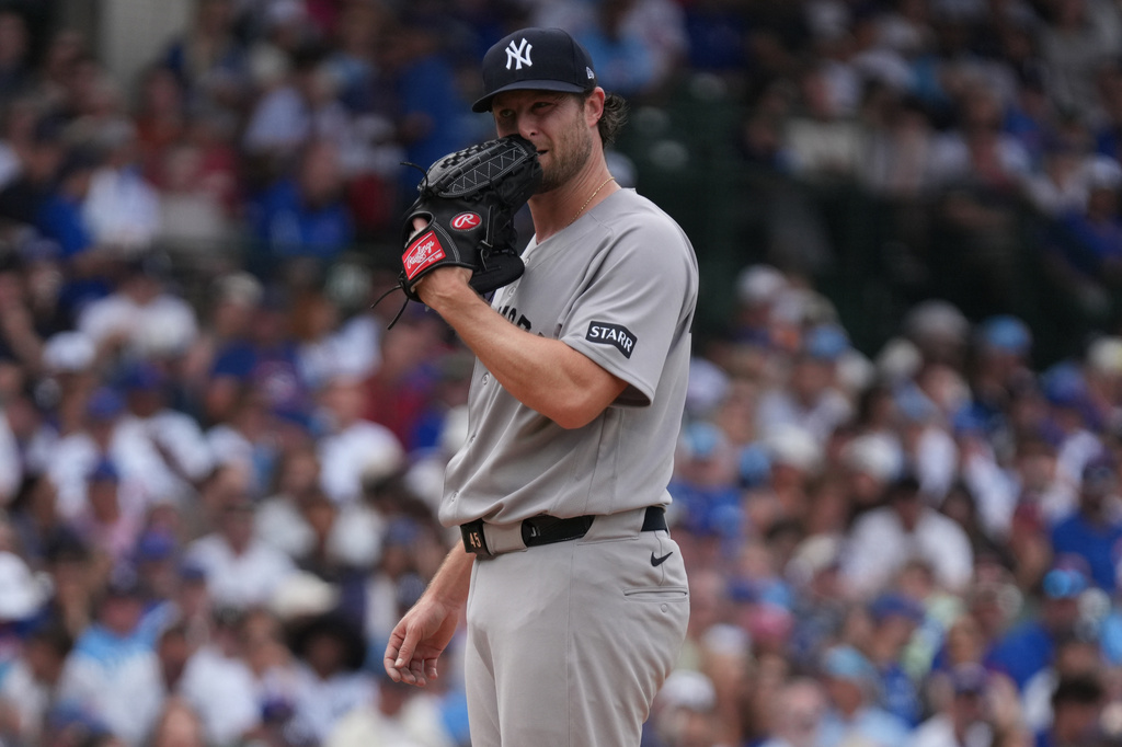 New York Yankees pitcher Gerrit Cole stands on the mound against the Chicago Cubs during the sixth inning of a baseball game Sunday, Aug. 2, 2026, in Chicago. (AP Photo/David Banks)