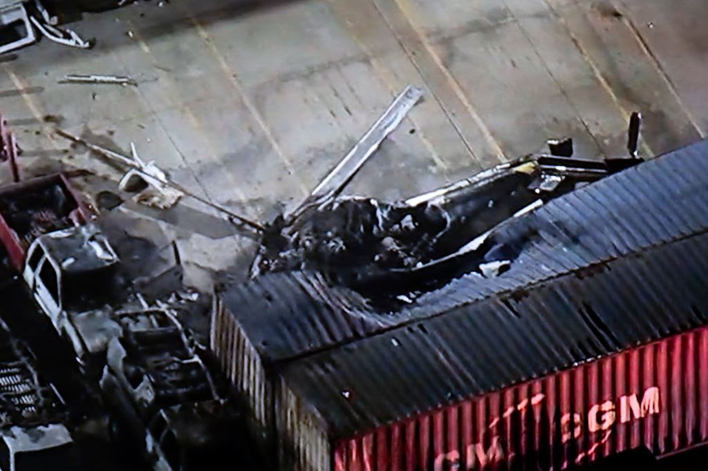 In this still image provided by KABC-TV shows a helicopter that crashed near a deadly bus crash, in Los Angeles on Tuesday, Sept. 15, 2026. (KABC-TV via AP)