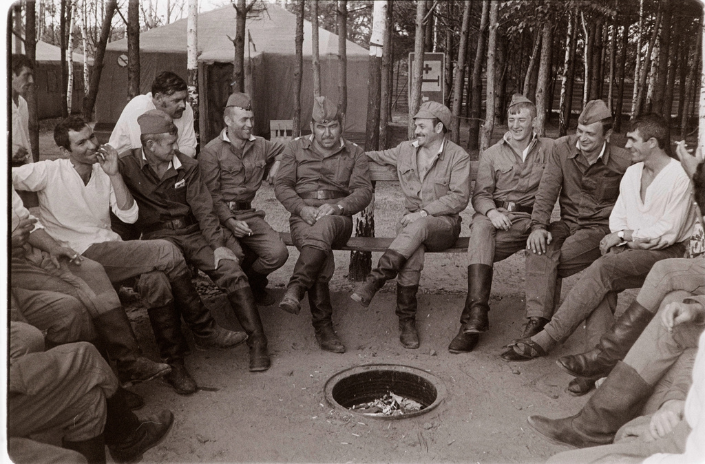 Soldiers taking part in cleanup operations following the Chernobyl power plant explosion rest in a tent camp inside the "exclusion zone" in the autumn of 1986, in Chernobyl, Ukraine. (AP Photo/Efrem Lukatsky)