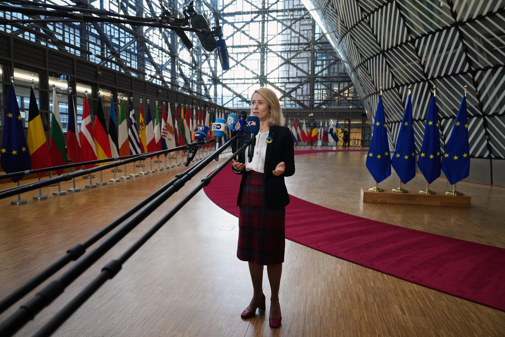 European Union foreign policy chief Kaja Kallas speaks with the media as she arrives for a meeting of EU foreign ministers at the European Council building in Brussels, Monday, Feb. 23, 2026. (AP Photo/Virginia Mayo)