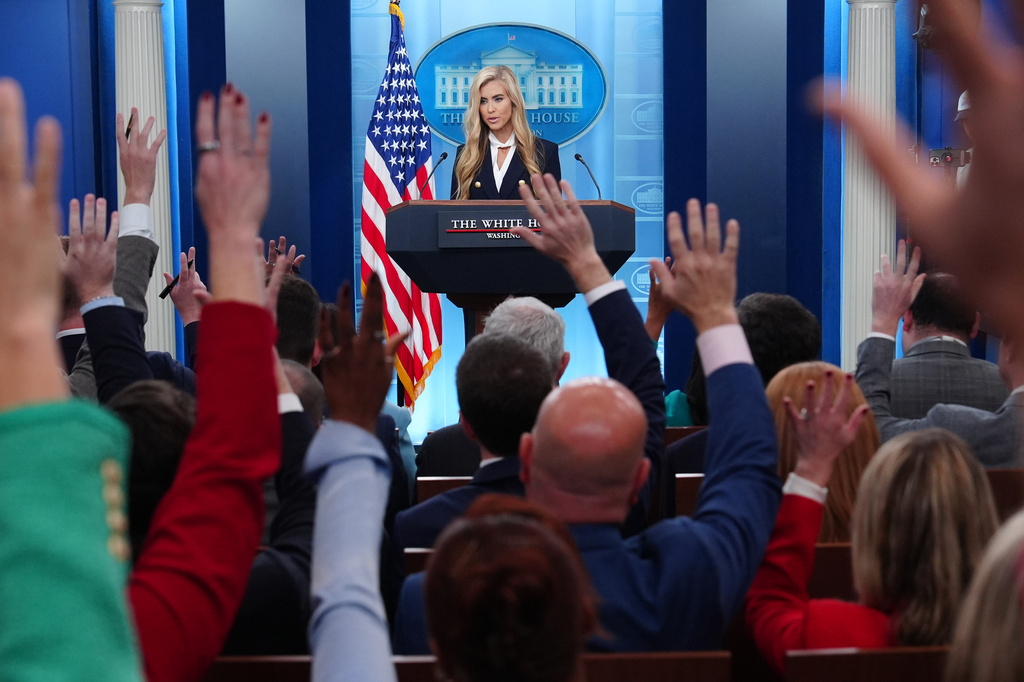 White House press secretary Katie Zacharia speaks with reporters in the James Brady Press Briefing Room at the White House, Tuesday, Oct. 13, 2026, in Washington. (AP Photo/Julia Demaree Nikhinson)