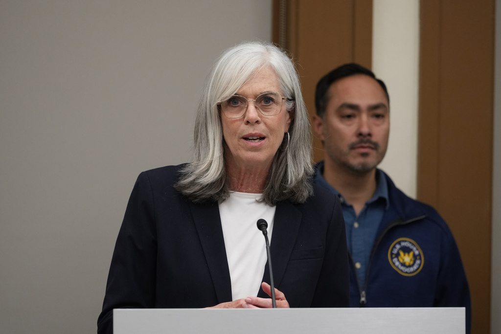 Rep. Katherine Clark, D-Mass., and a delegation of House Democrats, hold a news conference, Monday, March 9, 2026, in San Antonio, calling on the Department of Homeland Security to release families who are being detained at the Dilley Immigration and Customs Enforcement Detention Center. (AP Photo/Eric Gay)