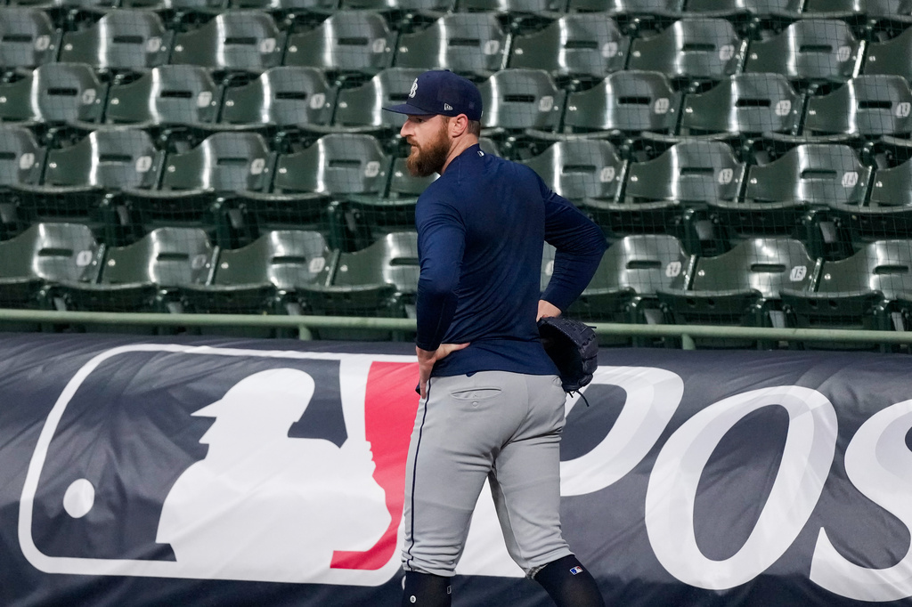 Tampa Bay Rays pitcher Drew Rasmussen throws during a World Series baseball media day, Thursday, Oct. 22, 2026, in Milwaukee, ahead of Game 1 between the Milwaukee Brewers and the Tampa Bay Rays. (AP Photo/David J. Phillip)