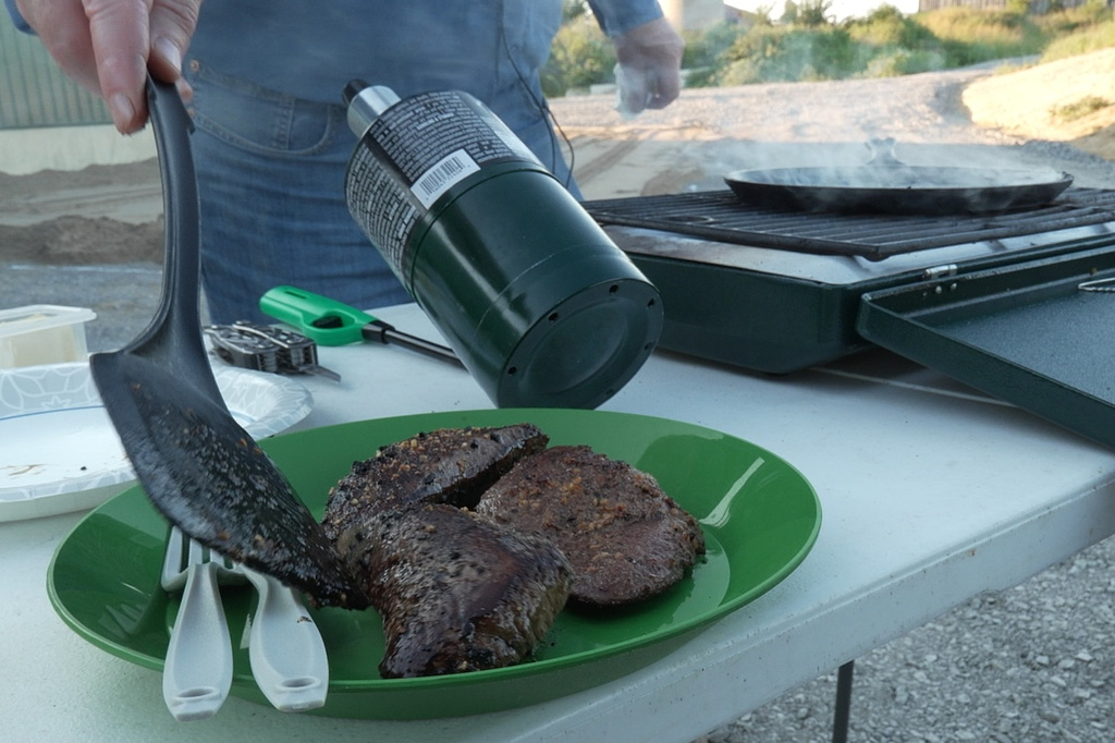 Cuts of grilled ostrich meat on a plate in Danville, Ky., on Tuesday, Aug. 18, 2026. (AP Photo/Dylan Lovan)
