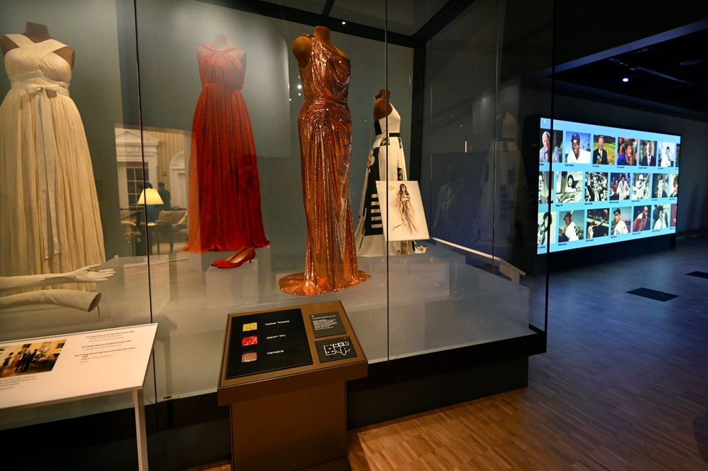 Former First Lady Michelle Obama's dresses on display at the Obama Presidential Center in Chicago, Thursday, May 28, 2026. (AP Photo/Paul Beaty)