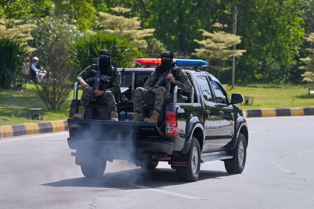 Paramilitary soldiers patrol to ensure security ahead of the second round of talk between the U.S. and Iran, in Islamabad, Pakistan, Tuesday, April 21, 2026. (AP Photo/Anjum Naveed)