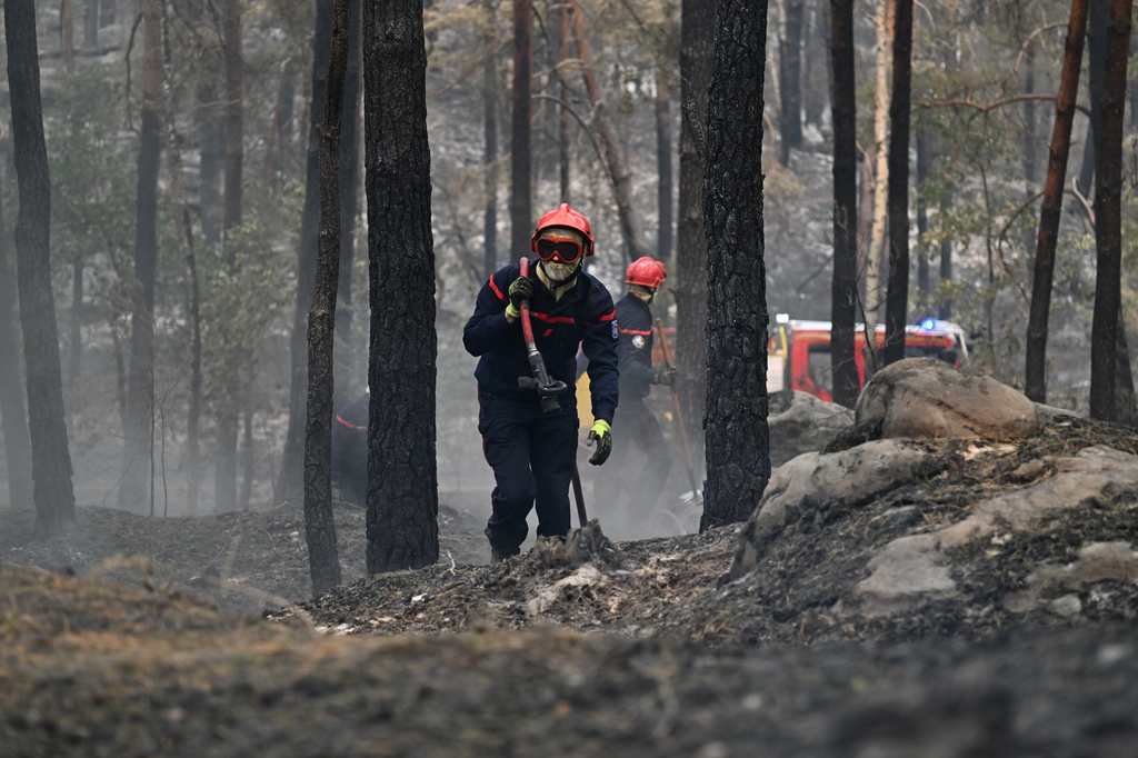 A firefighter carries a fire hose after a wildfire in the region of the Fontainebleau forest, south of Paris, France, Tuesday, July 14, 2026. (AP Photo/Emma Da Silva)