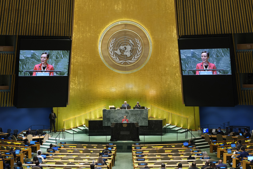 FILE - Jamaica's Minister for Foreign Affairs and Foreign Trade Kamina Johnson Smith addresses the 79th session of the United Nations General Assembly, Friday, Sept. 27, 2024. (AP Photo/Pamela Smith, File)