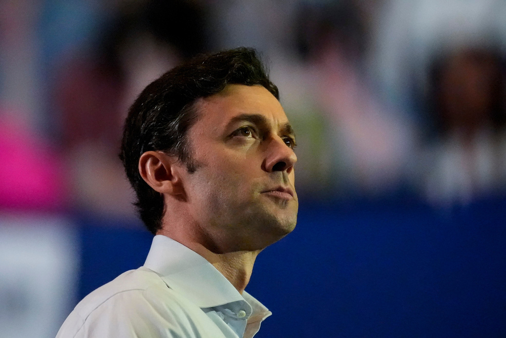 FILE - U.S. Sen. Jon Ossoff, D-Ga., speaks during a Rally for our Republic gathering, March 22, 2025, in Atlanta. (AP Photo/Mike Stewart, File)