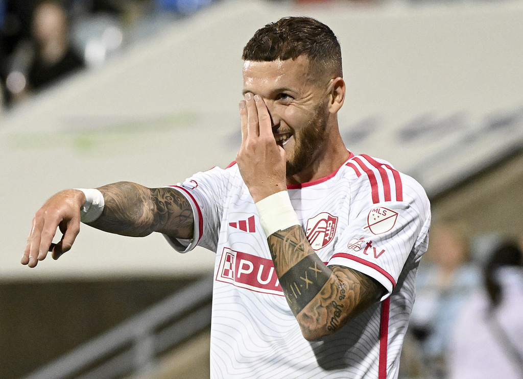 St. Louis City's Marcel Hartel (17) reacts after scoring against CF Montreal during the second half of a MLS soccer game in Montreal on Saturday, Sept. 13, 2025. (Graham Hughes/The Canadian Press via AP)