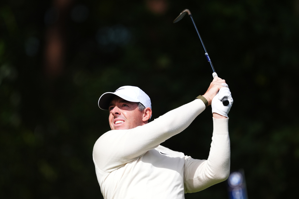 Rory McIlroy of Northern Ireland on the 2nd tee on day four of the PGA Championship at Wentworth Golf Club in Virginia Water, England, Sunday Sept. 20, 2026. (Adam Davy/PA via AP)