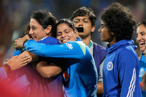 India's players celebrate after winning the ICC Women's Cricket World Cup cricket semi final against Australia in Navi Mumbai, India, Thursday, Oct. 30, 2025. (AP Photo/Rajanish Kakade) India's players celebrate after winning the ICC Women's Cricket World Cup cricket semi final against Australia in Navi Mumbai, India, Thursday, Oct. 30, 2025. (AP Photo/Rajanish Kakade)