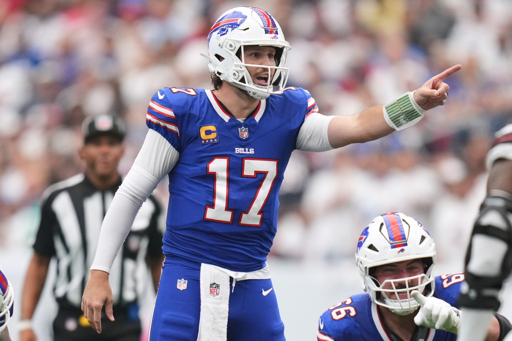 Buffalo Bills quarterback Josh Allen (17) calls the play during the second half of an NFL football game against the Houston Texans, Sunday, Sept. 13, 2026, in Houston. (AP Photo/Eric Christian Smith)