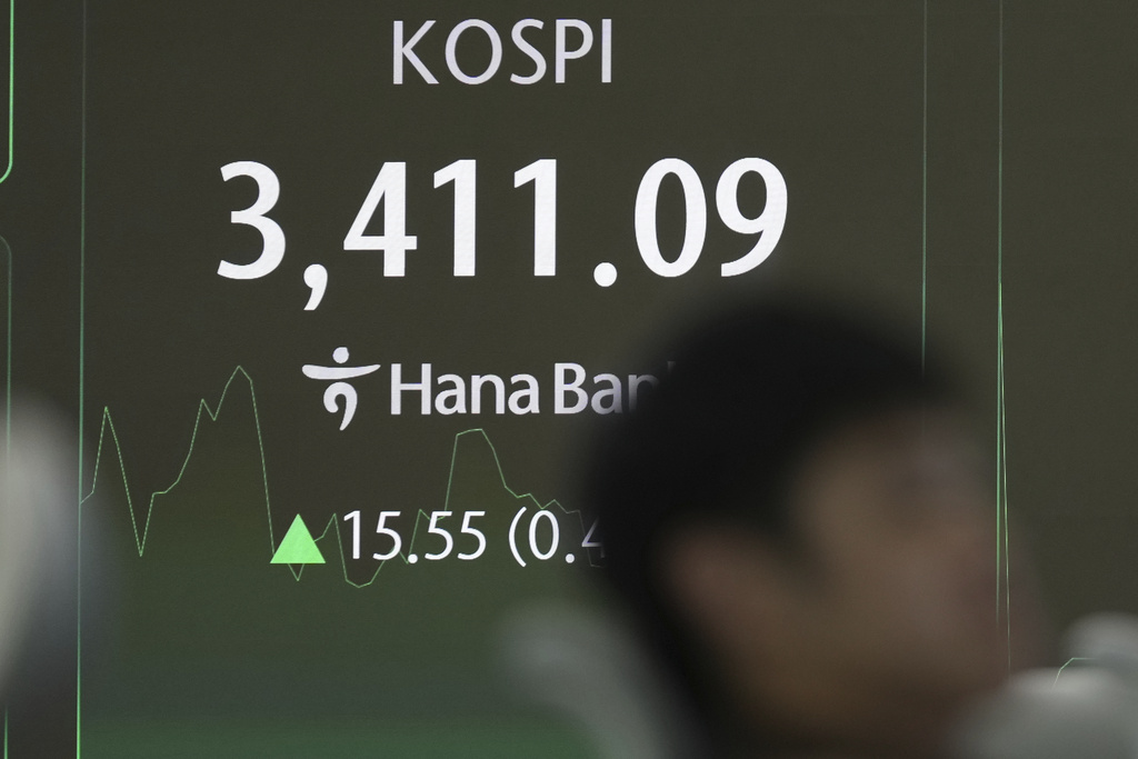 A dealer watches computer monitors near the screen showing the Korea Composite Stock Price Index (KOSPI) at a dealing room of Hana Bank in Seoul, South Korea, Monday, Sept. 15, 2025. (AP Photo/Lee Jin-man)