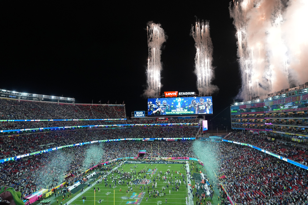 Fireworks ignite atop Levi's Stadium after the Seattle Seahawks defeat the New England Patriots in the NFL Super Bowl 60 football game, Sunday, Feb. 8, 2026, in Santa Clara, Calif. (AP Photo/Frank Franklin II)