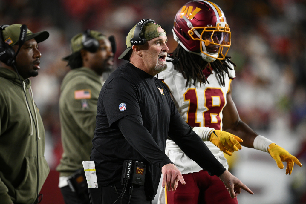 Washington Commanders head coach Dan Quinn during the second half of an NFL football game against the Seattle Seahawks, Sunday, Nov. 2, 2025, in Landover, Md. (AP Photo/Nick Wass)