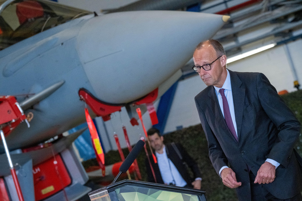 German Chancellor Friedrich Merz visits the German Armed Forces Laage airbase, Germany, Saturday, June 6, 2026. (Stefan Sauer/dpa via AP)