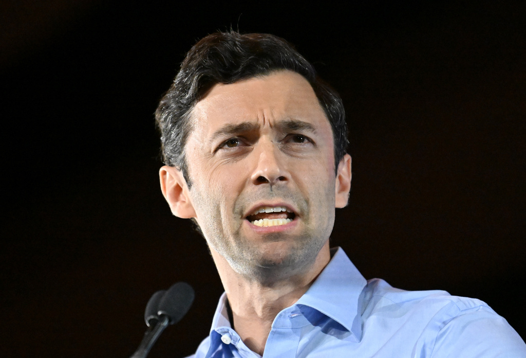 U.S. Sen. Jon Ossoff speaks during "Rally for Our Republic with U.S. Senator Jon Ossoff" at the Georgia International Convention Center, Saturday, Feb. 7, 2026, in College Park, Ga. (Hyosub Shin/Atlanta Journal-Constitution via AP)