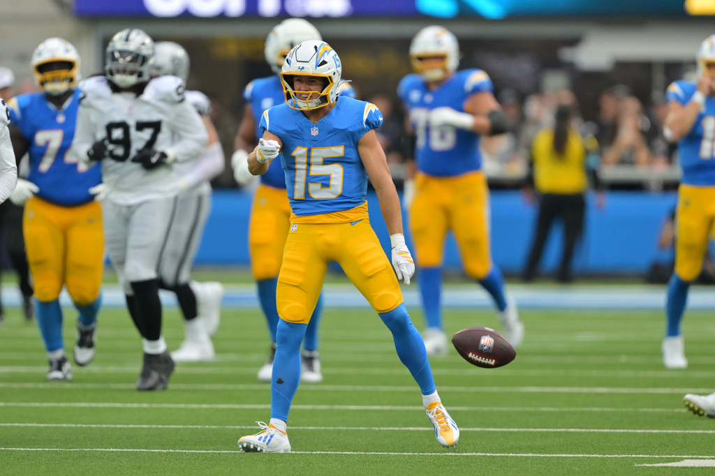 Los Angeles Chargers wide receiver Ladd McConkey (15) reacts after a catch during the first half of an NFL football game against the Las Vegas Raiders in Inglewood, Calif., Sunday, Sept. 20, 2026. (AP Photo/Jayne Kamin-Oncea)
