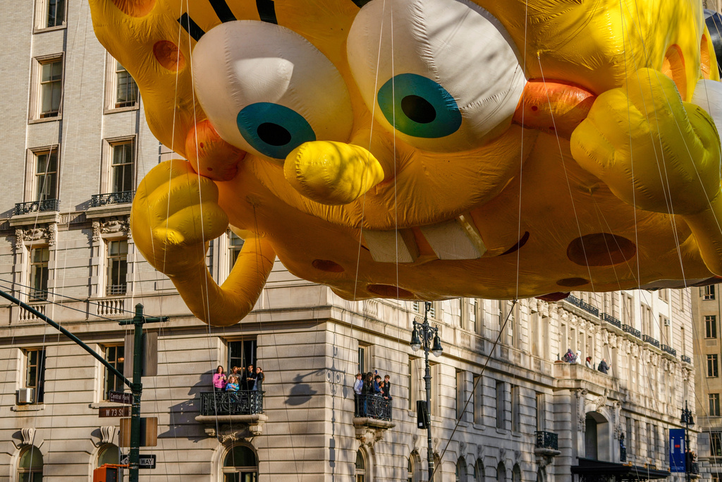 The Sponge Bob balloon floats down Central Park Avenue at 73rd Street during the Macy's Thanksgiving Day Parade, Thursday, Nov. 27, 2025, in New York. (AP Photo/Frank Franklin)