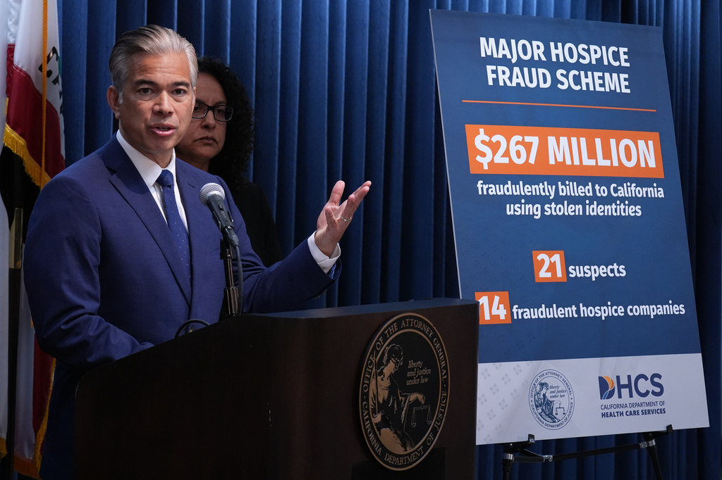 California Attorney General Rob Bonta announces the dismantling of a major hospice fraud scheme that defrauded the state of $267 million in Los Angeles Thursday, April 9, 2026. (AP Photo/Damian Dovarganes)