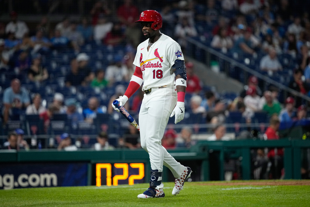 St. Louis Cardinals' Jordan Walker reacts after striking out against Boston Red Sox's Aroldis Chapman in the ninth inning during the MLB baseball All-Star Game between the American League and National League, Tuesday, July 14, 2026, in Philadelphia. (AP Photo/Matt Slocum)