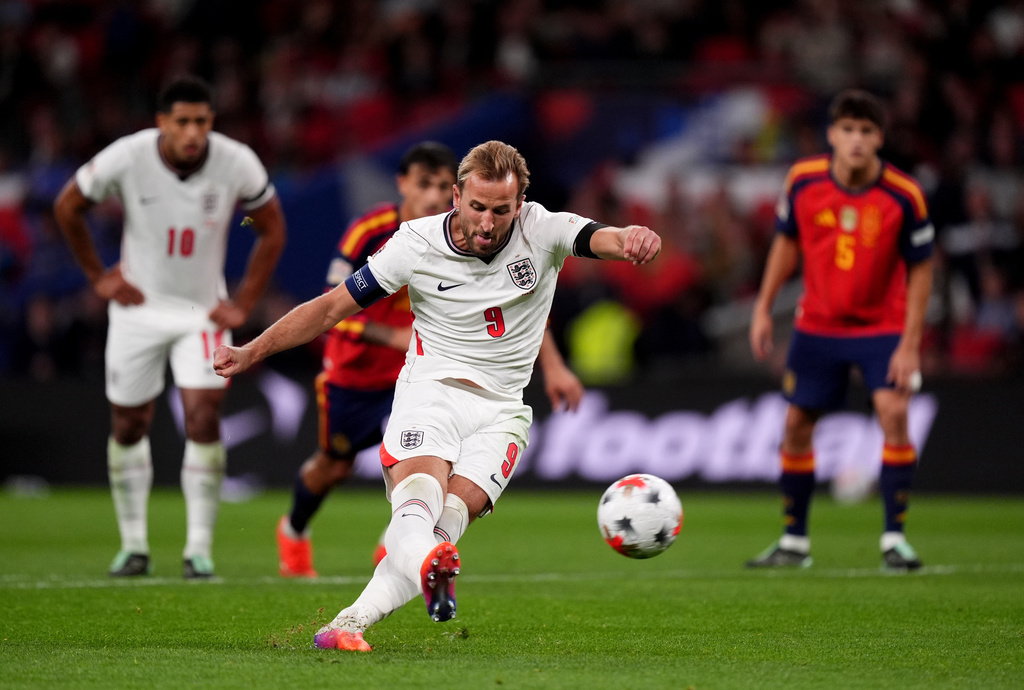 England's Harry Kane misses a penalty kick during the Nations League Soccer match between England and Spain in London, Saturday, Sept. 26, 2026. (Mike Egerton/PA via AP)
