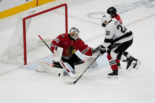 Chicago Blackhawks goaltender Arvid Soderblom (40) makes a save against Los Angeles Kings left wing Kevin Fiala (22) during the second period of an NHL hockey game Sunday, Oct. 26, 2025, in Chicago. (AP Photo/David Banks) Chicago Blackhawks goaltender Arvid Soderblom (40) makes a save against Los Angeles Kings left wing Kevin Fiala (22) during the second period of an NHL hockey game Sunday, Oct. 26, 2025, in Chicago. (AP Photo/David Banks)
