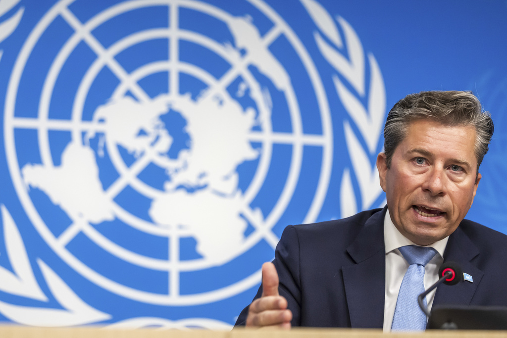 Tom Fletcher, Under-Secretary-General for Humanitarian Affairs and Emergency Relief Coordinator, briefs the media about the hunger in the Gaza Strip, during a press conference at the European headquarters of the United Nations in Geneva, Switzerland, Friday, Aug. 22, 2025. (Salvatore Di Nolfi/Keystone via AP)