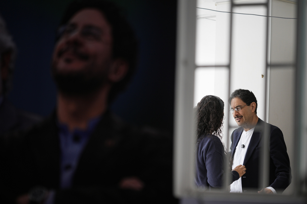 Ivan Cepeda arrives to give a news conference where he conceded defeat in the presidential election in Bogota, Colombia, Wednesday, June 24, 2026. (AP Photo/Ivan Valencia)