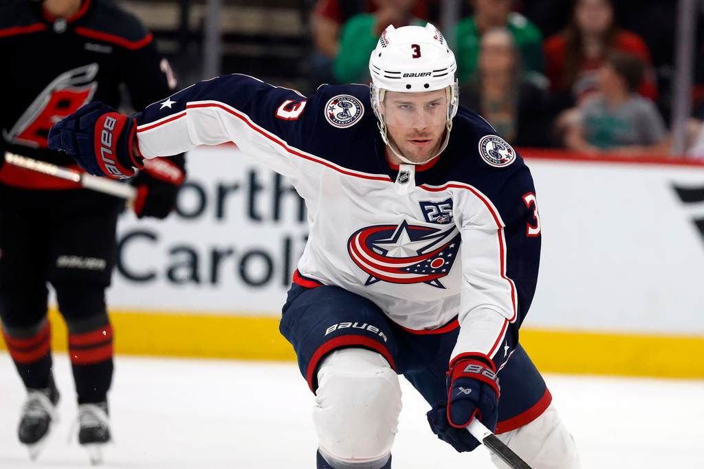 FILE - Columbus Blue Jackets' Charlie Coyle (3) skates against the Carolina Hurricanes during the first period of an NHL hockey game in Raleigh, N.C., April 2, 2026. (AP Photo/Karl DeBlaker, File)