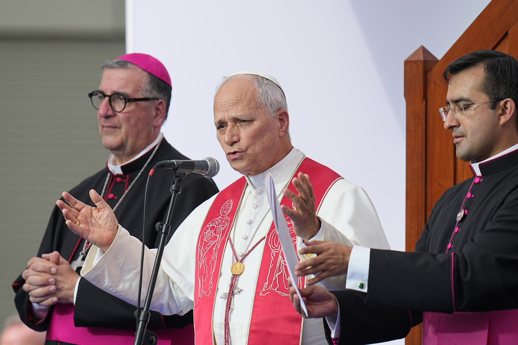 Pope Leo XIV meets with staff and guests of Accueil Notre-Dame and sick people at the Sanctuary of Our Lady of Lourdes, France, Sunday, Sept. 27, 2026. (AP Photo/Laurent Cipriani)