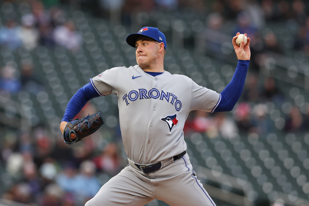 Toronto Blue Jays pitcher Patrick Corbin throws during the first inning of a baseball game against the Minnesota Twins, Friday, May 1, 2026, in Minneapolis. (AP Photo/Stacy Bengs)