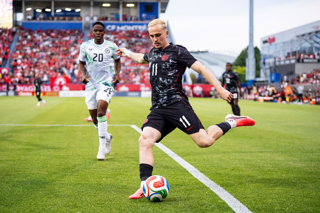 Canada's Liam Millar (11) shoots against the Republic of Ireland during first half of an International Friendly soccer match in Montreal, on Friday, June 5, 2026. (Christopher Katsarov/The Canadian Press via AP)