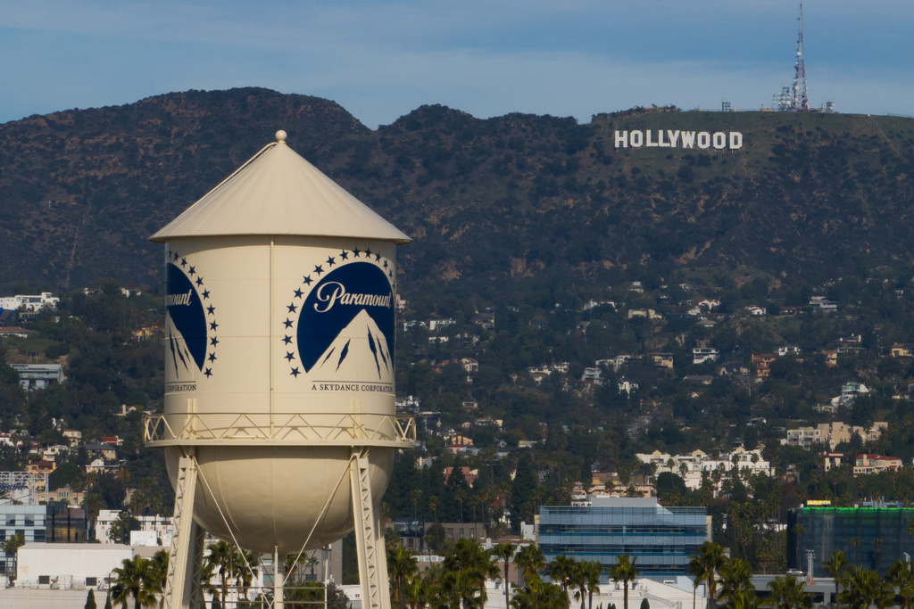 FILE - The Paramount Pictures water tower is seen in Los Angeles, Dec. 18, 2025, with the Hollywood sign in the distance. (AP Photo/Jae C. Hong, File)