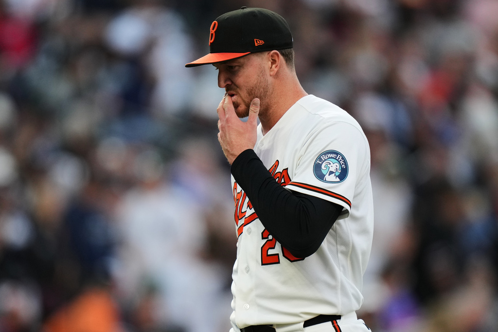 Baltimore Orioles starting pitcher Trevor Rogers (28) leaves the mound after retiring the side during the third inning of a baseball game against the New York Yankees, Tuesday, May 12, 2026, in Baltimore. (AP Photo/Stephanie Scarbrough)
